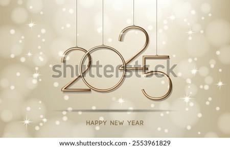 Happy New Year 2025 Typography Logo Design with golden bokeh light.  Vector illustration.