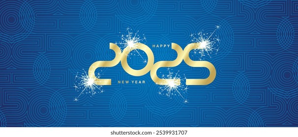 Frohes Neues Jahr 2025 ultramodernes Gold Design Zahlen Typografie, Label, Logo für 2025 Jahr mit funkelndem Feuerwerk und Muster von Blended Line in Formen 2025 in blauem Hintergrund Grußkarte