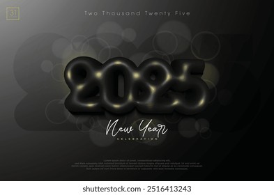 Happy New Year 2025 with unique and rare 3D numbers. New Year 2025 with scattered confetti background and with transparent bubble effect. Design for flyers, banners and calendars.