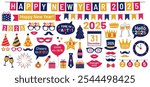 "Happy New Year 2025" vector clip art set,  banner, party props, hats, glasses, gift boxes, decoration, speech bubbles with greetings, fireworks, design elements