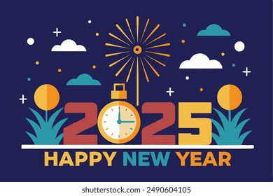 Feliz Año Nuevo 2025 Ilustración vectorial - Diseño festivo y colorido para celebraciones, fiestas y saludos de temporada