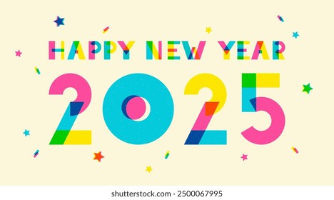 Happy New Year 2025 vector illustration, riso, risograph print effect. Layered geometric big numbers, letters, brutalist trendy style typography composition. Social media, card, poster template.