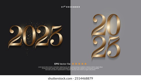 Feliz año Nuevo 2025 logotipo de Vector con oro brillante expuesto a la luz.  Colección Vector diseño número 2025 celebración