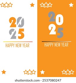 Happy new year 2025 vector art design on white and yellow background. wallpaper, lettering, poster, dark, artistic, black, message, stylish, card, background, celebration, creative, festive, new