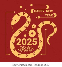 Feliz Ano Novo 2025. Cartão ou faixa vetorial em estilo oriental. Símbolo de cobra em fundo vermelho. Zodíaco do Ano Novo Chinês. Silhueta de réptil com números do ano e decorações.