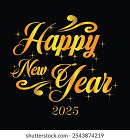 feliz ano novo 2025 design vetorial com fundo preto