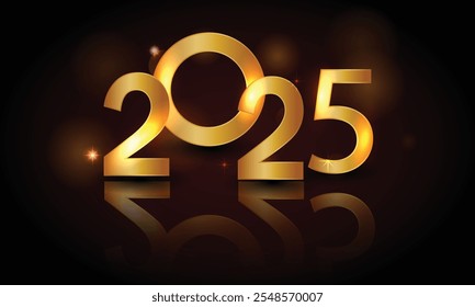 Happy New Year 2025 - Vector New Year background with gold clock on shining dark background. Christmas Greeting Card and Happy New Year Invitation with Shining Snowflakes. Vector illustration