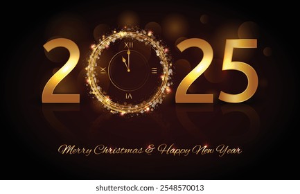 Happy New Year 2025 - Vector New Year background with gold clock on shining dark background. Christmas Greeting Card and Happy New Year Invitation with Shining Snowflakes. Vector illustration