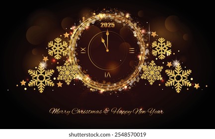 Happy New Year 2025 - Vector New Year background with gold clock on shining dark background. Christmas Greeting Card and Happy New Year Invitation with Shining Snowflakes. Vector illustration