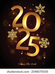 Happy New Year 2025- Vector New Year background with gold clock on shining dark background. Christmas Greeting Card and Happy New Year Invitation with Shining Snowflakes. Vector illustration