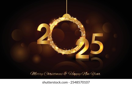 Happy New Year 2025- Vector New Year background with gold clock on shining dark background. Christmas Greeting Card and Happy New Year Invitation with Shining Snowflakes. Vector illustration