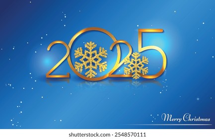 Feliz año Nuevo 2025- Vector de fondo de año Nuevo con reloj de oro sobre fondo oscuro brillante. Navidades Tarjeta de felicitación y feliz año Nuevo Invitación con brillantes copos de nieve. Ilustración vectorial