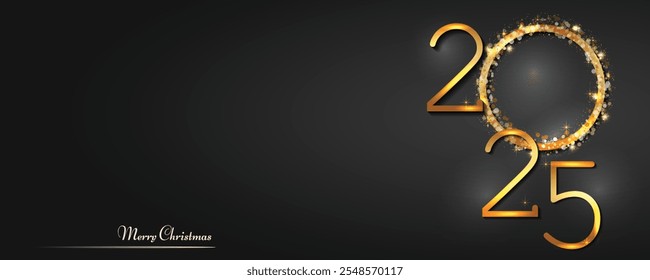 Happy New Year 2025- Vector New Year background with gold clock on shining dark background. Christmas Greeting Card and Happy New Year Invitation with Shining Snowflakes. Vector illustration