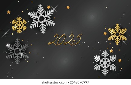 Feliz año Nuevo 2025 - Vector de fondo de año Nuevo con reloj de oro sobre fondo oscuro brillante. Navidades Tarjeta de felicitación y feliz año Nuevo Invitación con brillantes copos de nieve. Ilustración vectorial