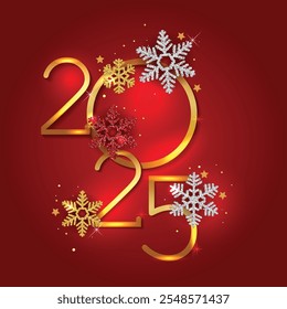 Happy New Year 2025 - Vector New Year background with gold clock on shining dark background. Christmas Greeting Card and Happy New Year Invitation with Shining Snowflakes. Vector illustration