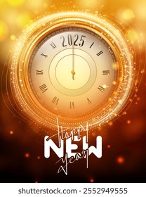 happy new year 2025 vector banner. 2025 digital clock countdown on bright yellow bokeh background with happy new year text calligraphy