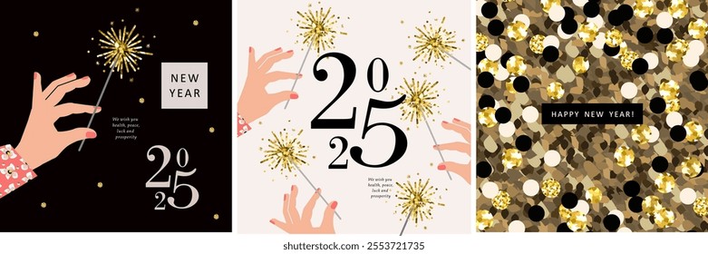 Happy New Year! 2025. Vector modern stylish illustration of number 2025, hand with sparkler, golden pattern with sequins for greeting card, invitation, background or poster