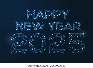 Happy new year 2025. Vector low-poly image consisting of points and shapes in the form of stars and space.	