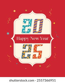 Happy New Year 2025, Vector frame for text in modern art graphics in solid color background.