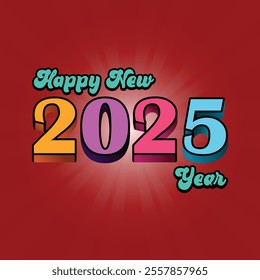 Happy New Year 2025 vector illustration with colorful typography. Festive design on a red sunburst background perfect for seasonal celebrations