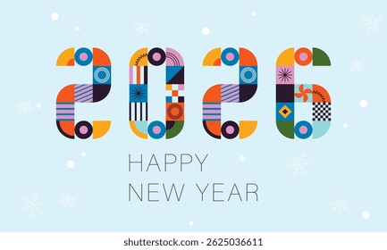 Feliz ano novo 2025 ilustração vetorial. Design colorido, estilo moderno, calendário 2025. Fundo de inverno com flocos de neve