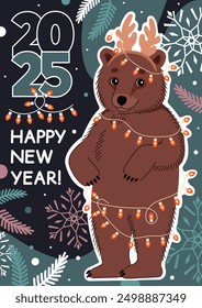 Happy New Year 2025 vertical banner with cute bear and winter elements. Vector flat illustration in trendy colors.