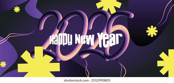 Happy New Year 2025 Vibrant Typography Design with Gradient Effects and Geometric Shapes Modern Trendy Design Style