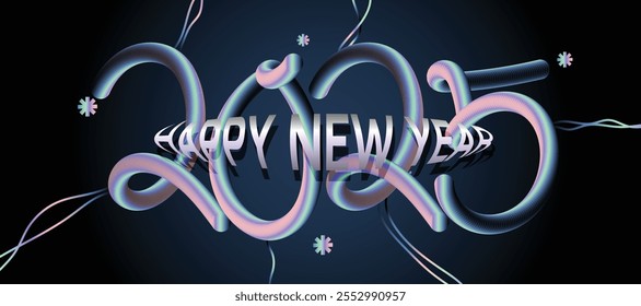 Happy New Year 2025 Vibrant Typography Design with Gradient Effects and Geometric Shapes Modern Trendy Design Style