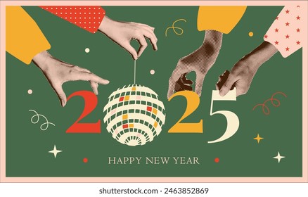 Happy New Year 2025 vintage collage card template. Halftone hands holding numbers 2025 and disco ball. Muted Retro New Year banner, poster. Trendy retro vector illustration