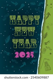 Happy New Year 2025 Vintage Typographic. A festive illustration of the words Happy New Year in yellow letters in a typographic vintage style. The number is pink. The background is green and dark blue