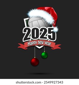 Happy new year 2025. Volleyball logo template design. Volleyball ball in santa hat. Design pattern for greeting card, banner, poster. Vector illustration on isolated background