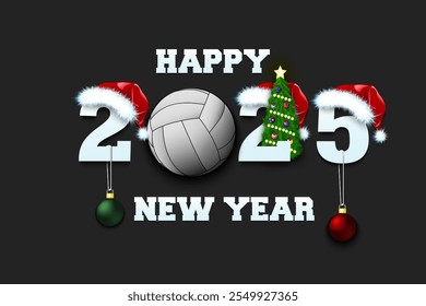 Happy new year. 2025 with volleyball ball. Numbers in Christmas hats with Christmas tree balls. Original template design for greeting card. Vector illustration on isolated background