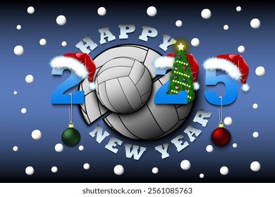 Happy new year. 2025 with volleyball ball. Numbers in Christmas hats with Christmas tree and balls. Original template design for greeting card. Vector illustration on isolated background