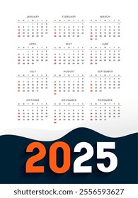 happy new year 2025 wall calendar layout design vector