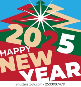 Happy new year 2025 wallpaper, greeting card, poster. Christmas tree, star. Simple flat design for banner, invitation, greeting card, wallpaper. Party event decoration, vector illustration