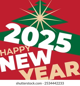 Happy new year 2025 wallpaper, greeting card, poster. Christmas tree, star. Simple flat design for banner, invitation, greeting card, wallpaper. Party event decoration, vector illustration