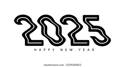 Happy New Year 2025 wavy text in trendy y2k Psychedelic style. Happy New Year 3d number 2025 distorted design for banner, poster, greeting card, brochure cover.