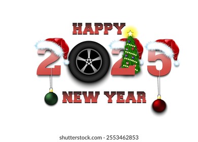 Happy new year. 2025 with wheel car. Numbers in Christmas hats with Christmas tree ball. Original template design for greeting card. Vector illustration on isolated background