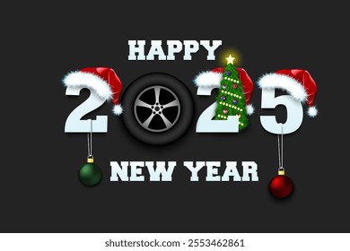 Happy new year. 2025 with wheel car. Numbers in Christmas hats with Christmas tree ball. Original template design for greeting card. Vector illustration on isolated background