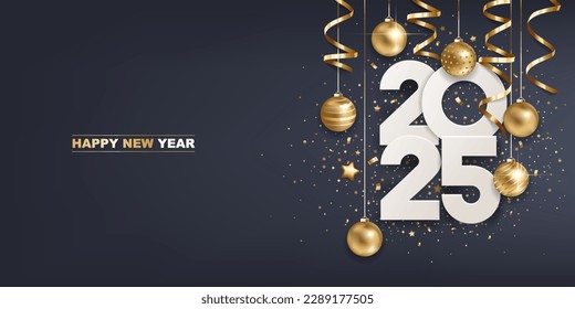 Happy new year 2025. White paper numbers with golden Christmas decoration and confetti on  dark blue background. Holiday greeting card design.