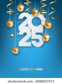 Happy new year 2025. White paper numbers with golden Christmas decoration and confetti on blue background. Holiday greeting card design.