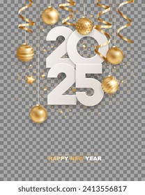 Happy new year 2025. White paper numbers with golden Christmas decoration and confetti, isolated on transparent background. Holiday greeting card design.