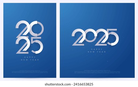 Feliz año nuevo 2025 con números blancos cortados en pedazos en un fondo azul. Diseño premium para saludos de año nuevo para pancartas, afiches o medios sociales y calendarios.