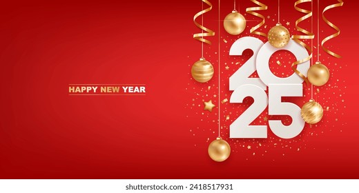 Happy new year 2025. White paper numbers with golden Christmas decoration and confetti on red background. Holiday greeting card design.