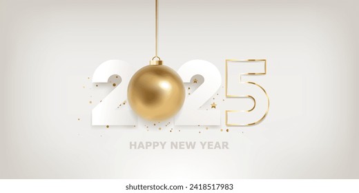 Happy New Year 2025. White and golden numbers with hanging Christmas ball on white background. Holiday greeting card design.