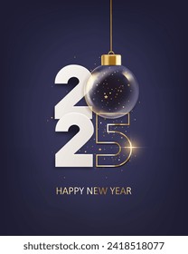 Happy new year 2025. White paper numbers with transparent Christmas ball and confetti, holiday greeting card design.