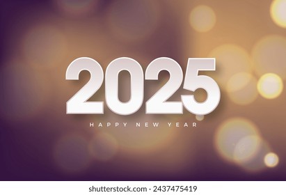 Feliz año nuevo 2025 con números blancos sobre fondo bokeh, fondo colorido. Ilustración vectorial premium para el saludo y la celebración de feliz año nuevo 2025.