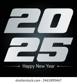 Happy new year 2025. White paper numbers with golden Christmas decoration and confetti on dark blue background. Holiday greeting card design.