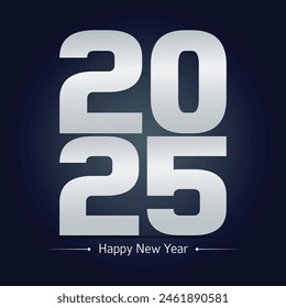 Happy new year 2025. White paper numbers with golden Christmas decoration and confetti on dark blue background. Holiday greeting card design.