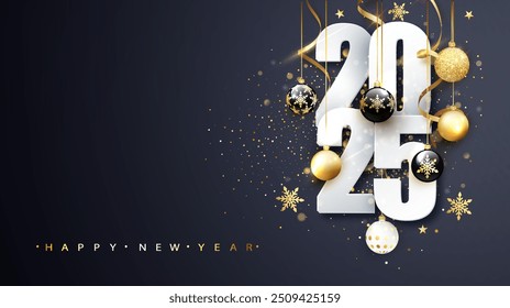 Happy New Year 2025 white paper numbers with Christmas decoration and confetti on dark blue background.